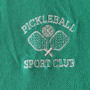 Pickleball Polo Shirt Green With White Collar Trimmed With Blue & Green Stripes